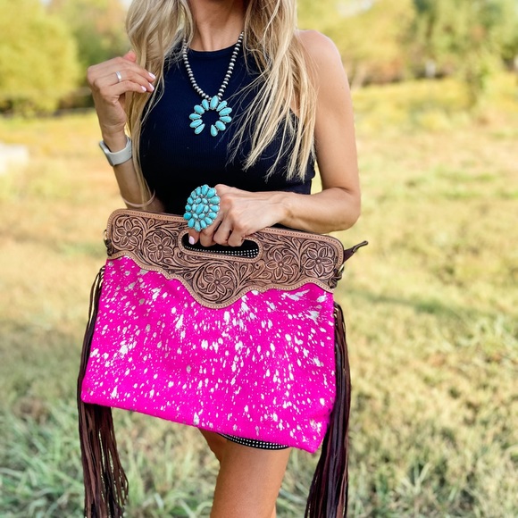 Tooled Leather Cowhide Fringe Tassel clutch crossbody purse pink + silver specs - Picture 6 of 11